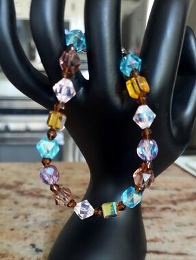 Multicolor Crystal Beaded Stretch Bracelet - Blue, Purple & Amber